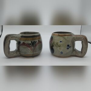 Tonal Mexican Pottery Hand-Painted Folk Art Mugs Set Of 2